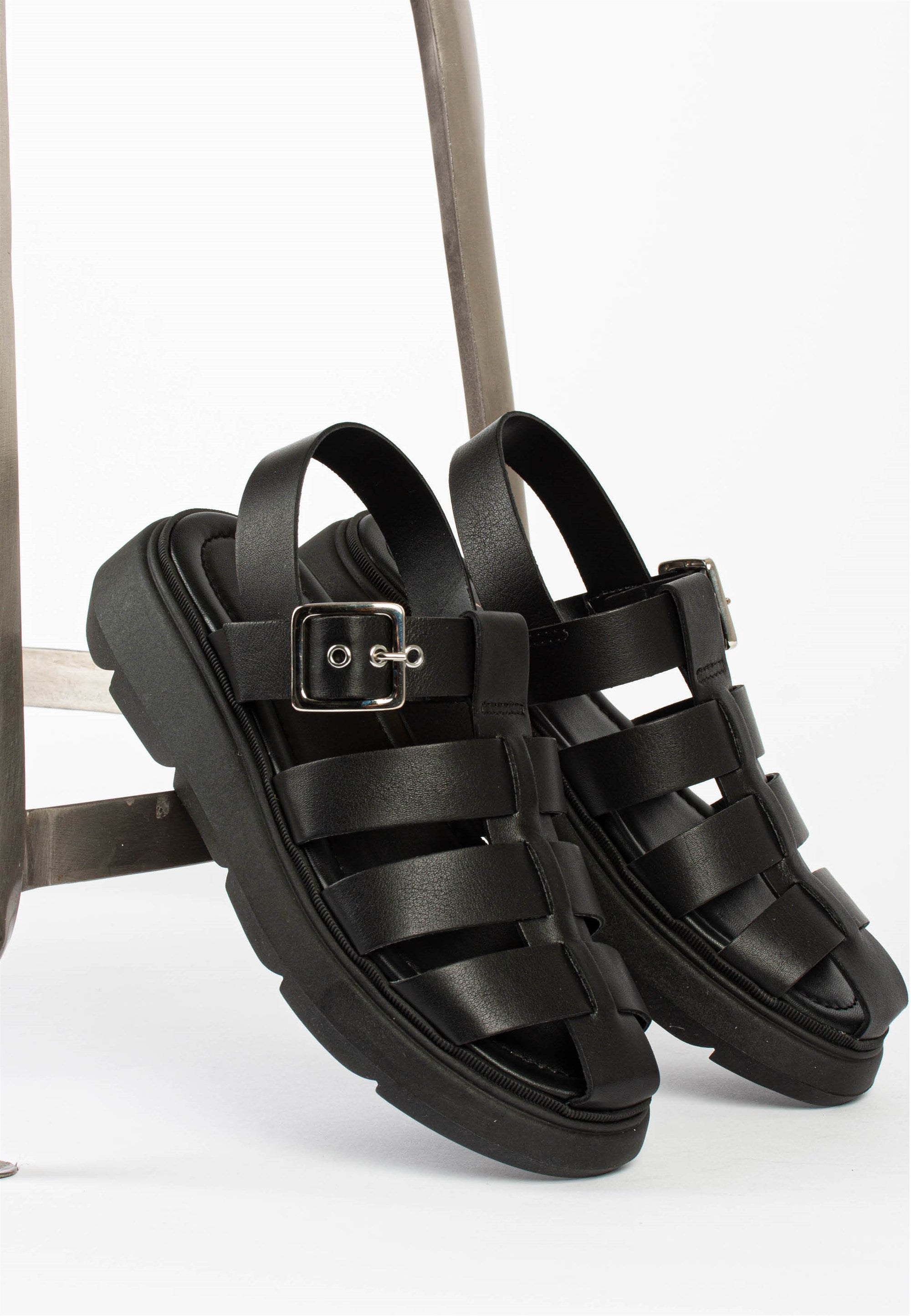 Elisa Black Leather Chunky Sandals ELISA-BLACK - 2