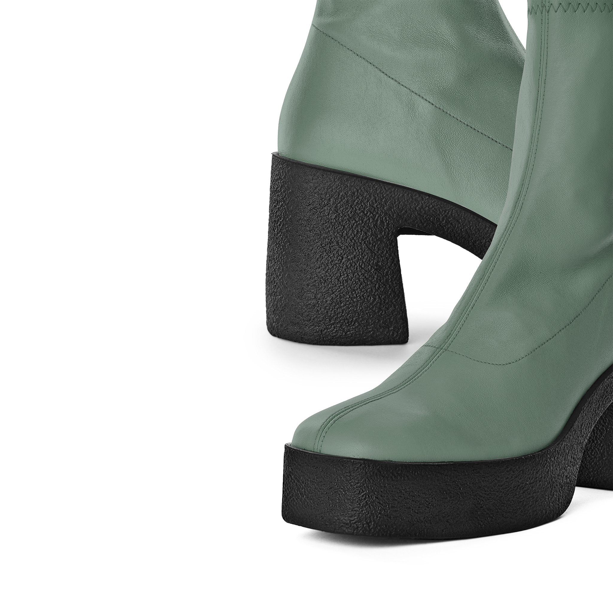 Akaada Umi Sage Green Stretch Leather Chunky Ankle Boots