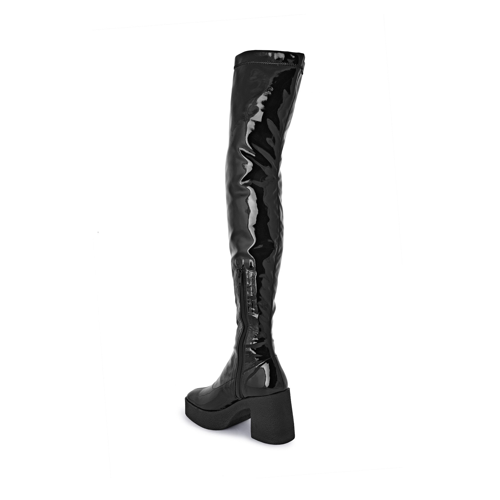 Yoshi Black Thigh-High Stretch Patent Boots