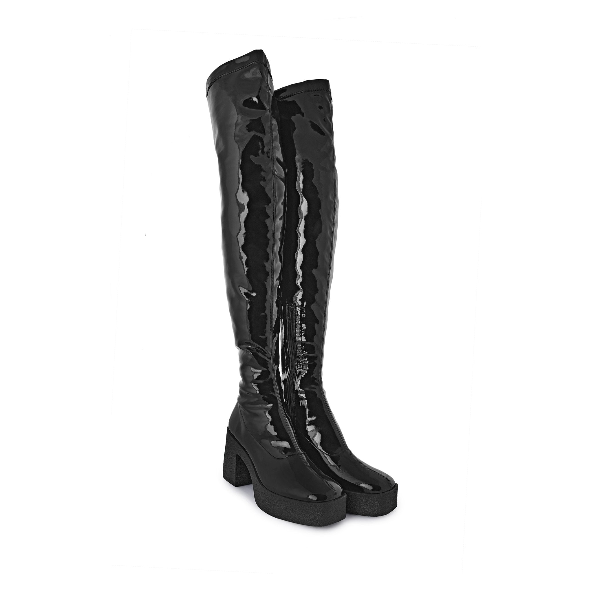 Yoshi Black Thigh-High Stretch Patent Boots