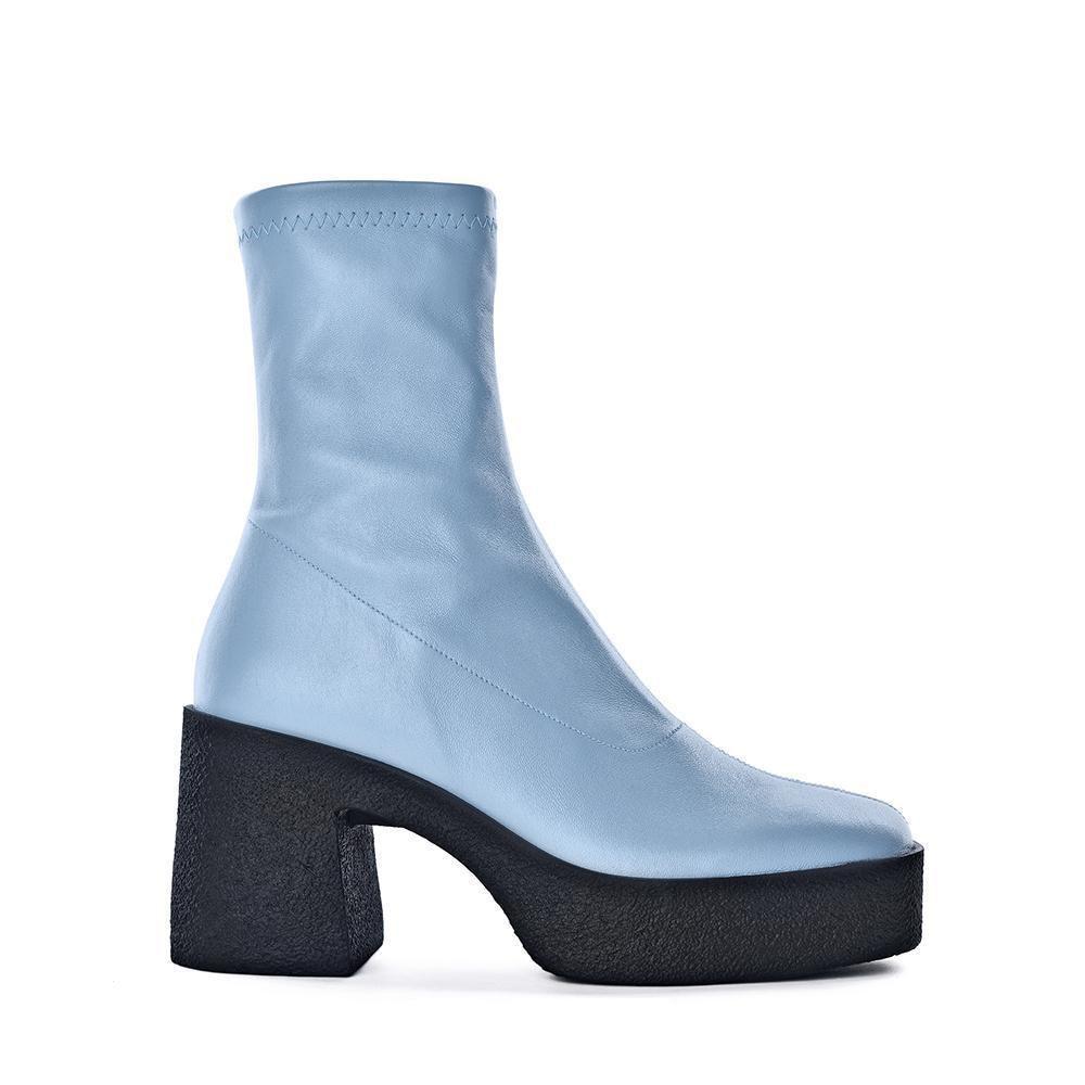 AKAADA UMI PASTEL BLUE STRETCH LEATHER CHUNKY ANKLE BOOTS